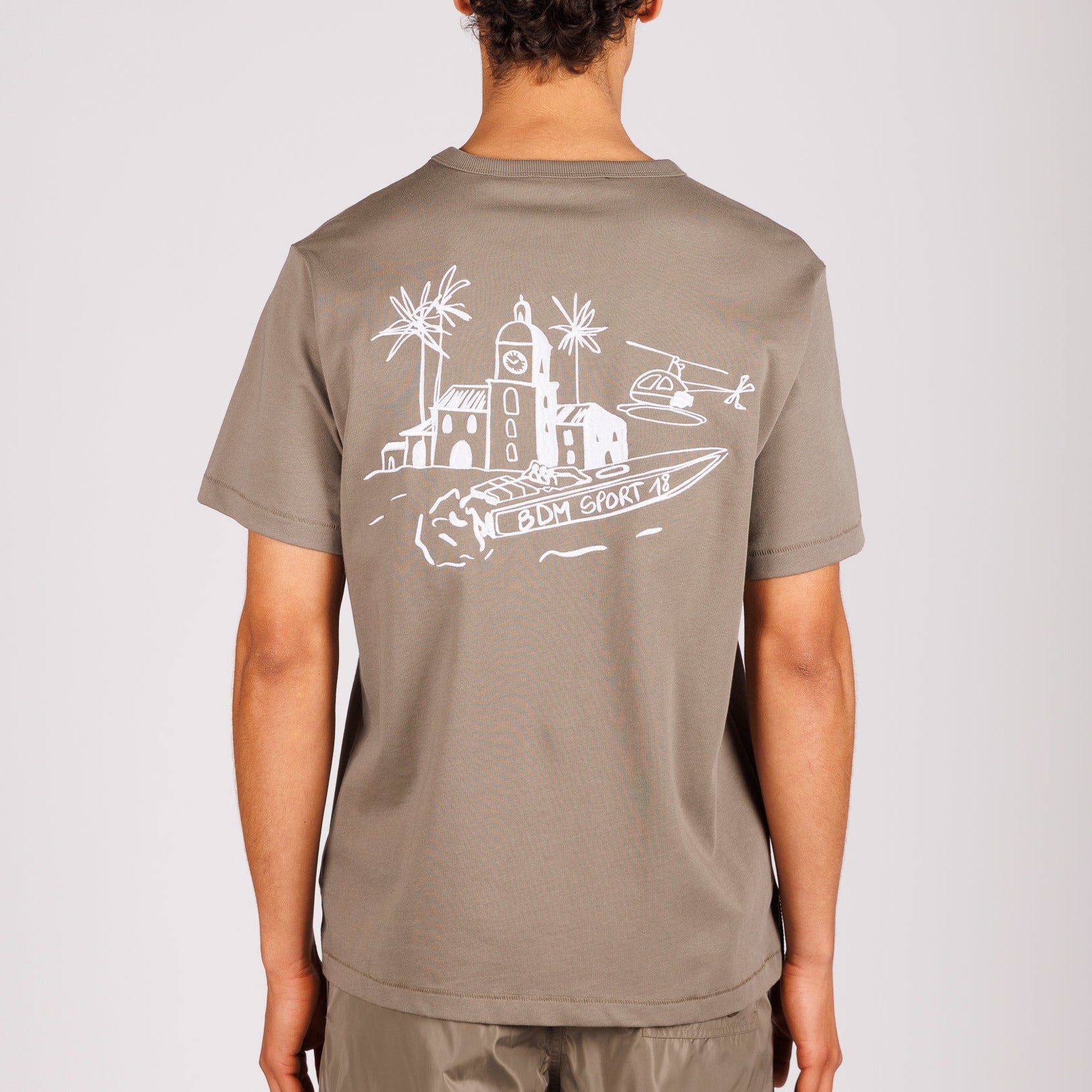 Khaki T-shirt back view with illustrated graphic and “BDM sport 18” text