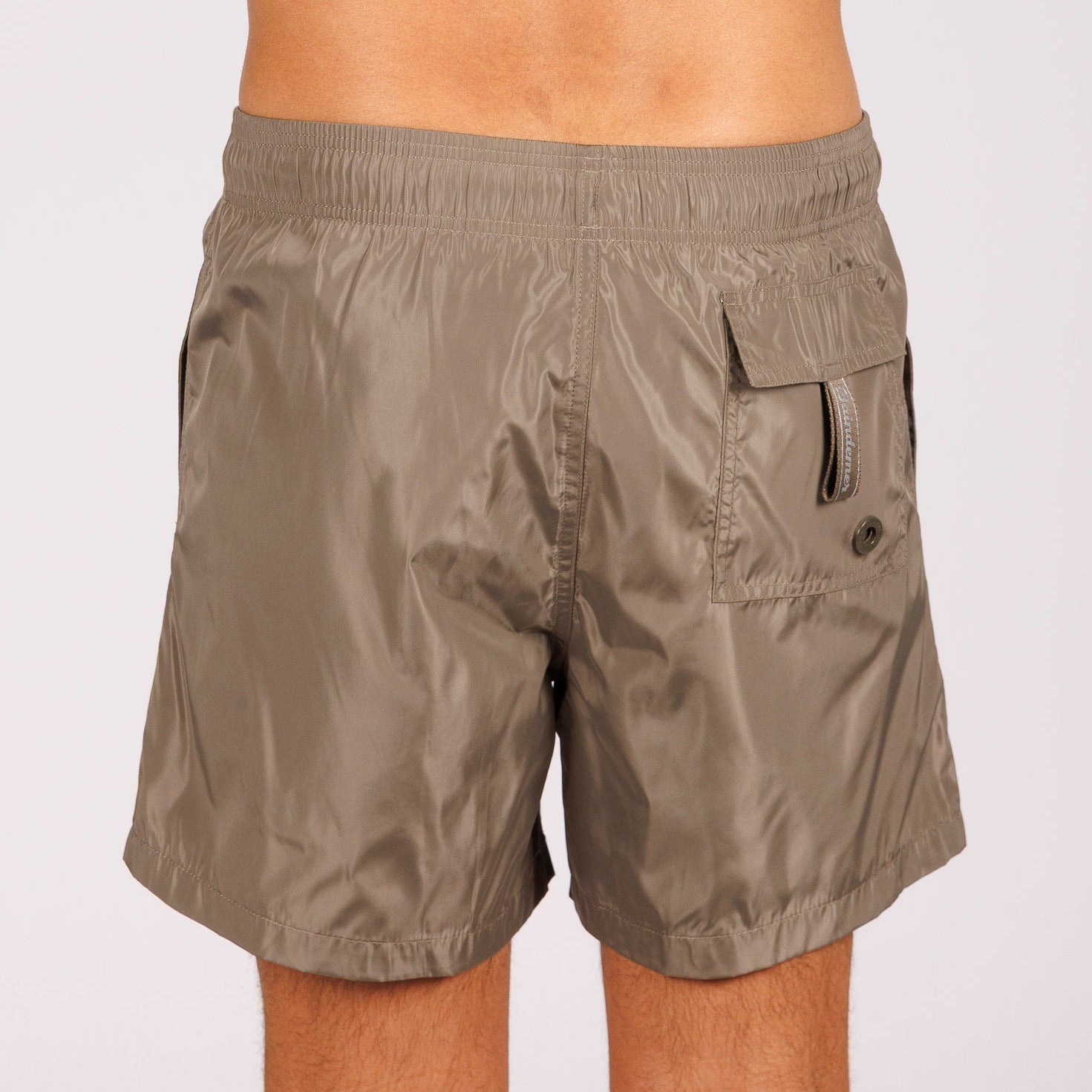 Khaki swim shorts back view with back pocket
