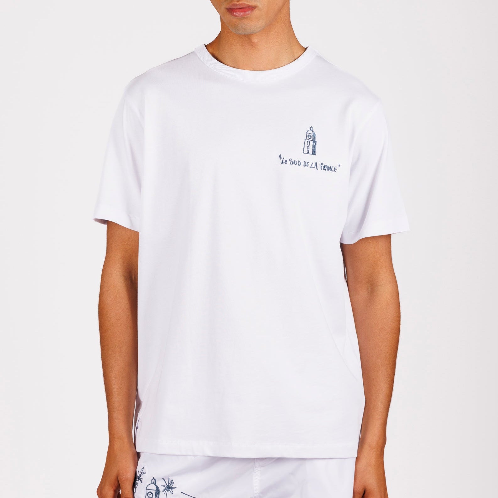 White T-shirt front view with illustrated graphic and text