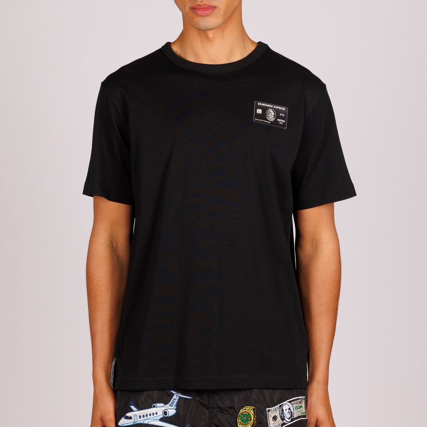 Black T-shirt front view with illustrated graphic