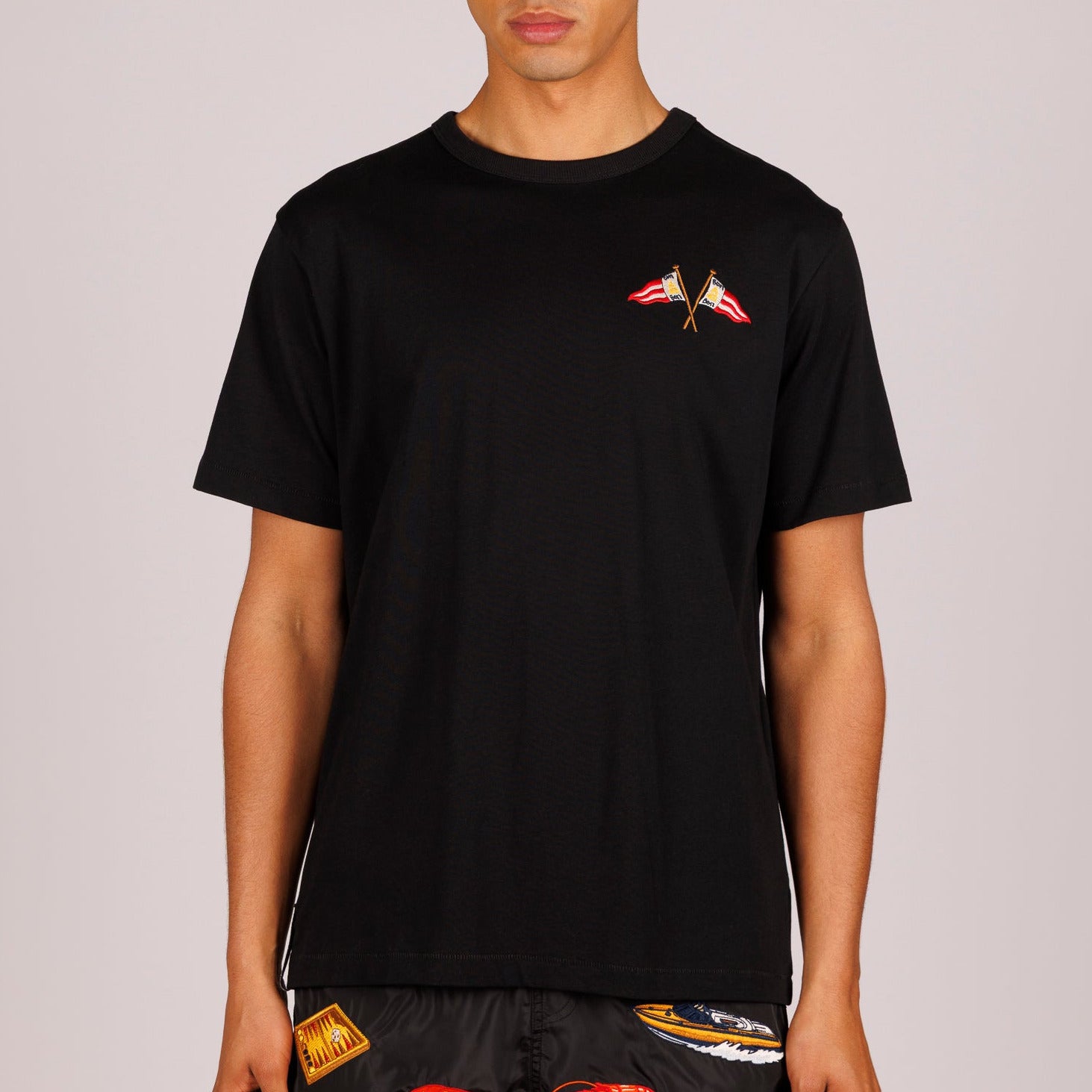 Black T-shirt front view with illustrated graphic