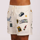 Off-white swim shorts side view with illustrated graphic