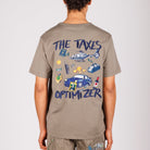 Khaki T-shirt back view with illustrated graphic and “The taxes optimizer” text