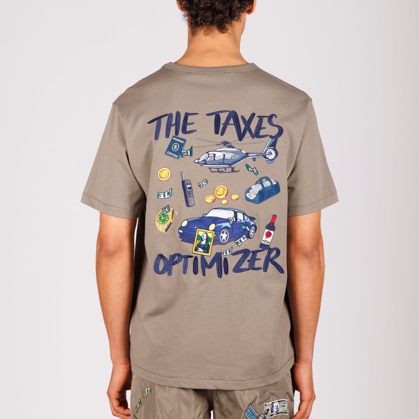 Khaki T-shirt back view with illustrated graphic and “The taxes optimizer” text