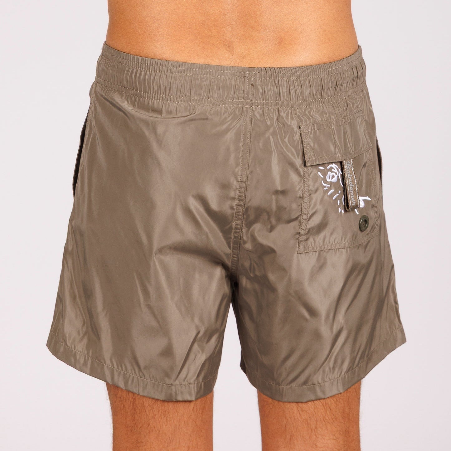 Military greenswim shorts back view with illustrated graphic 