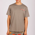 Khaki T-shirt front view with illustrated graphic