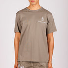 Khaki T-shirt front view with illustrated graphic and text