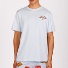 Light blue T-shirt front view with illustrated graphic