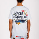 Light blue T-shirt back view with illustrated graphic and “Yacht connoisseur” text