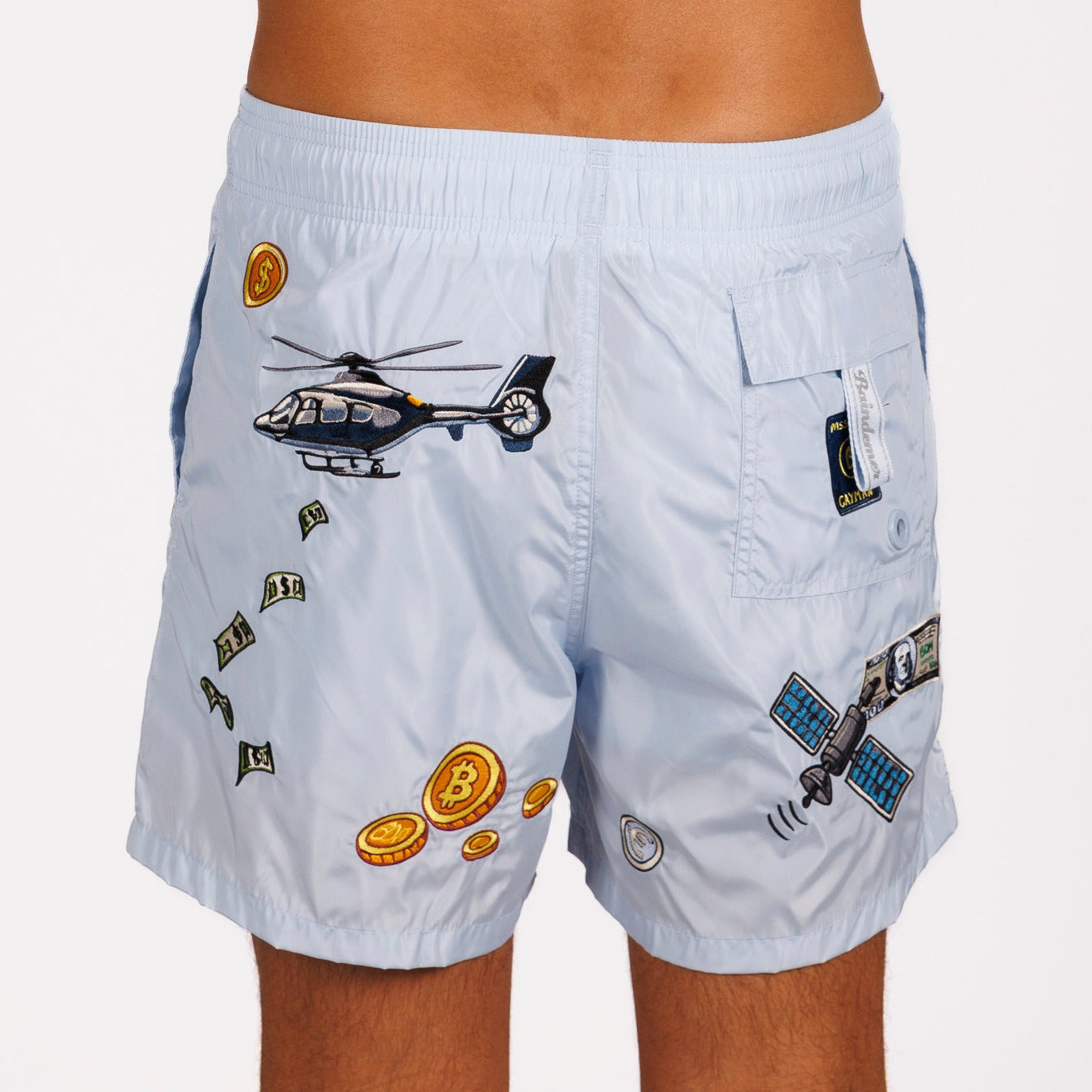 Light blue swim shorts back view with illustrated graphic