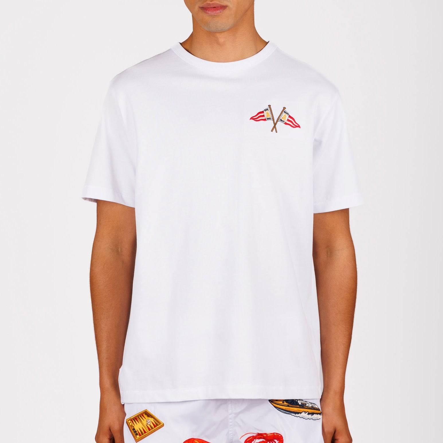 White T-shirt front view with illustrated graphic