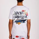 White T-shirt back view with illustrated graphic and “Yacht connoisseur” text