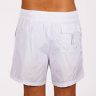 White swim shorts back view with back pocket