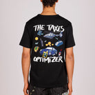 Black T-shirt back view with illustrated graphic and “The taxes optimizer” text