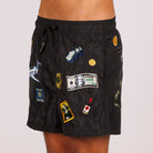Black swim shorts side view with illustrated graphic
