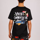 Black T-shirt back view with illustrated graphic and “Yacht connoisseur” text