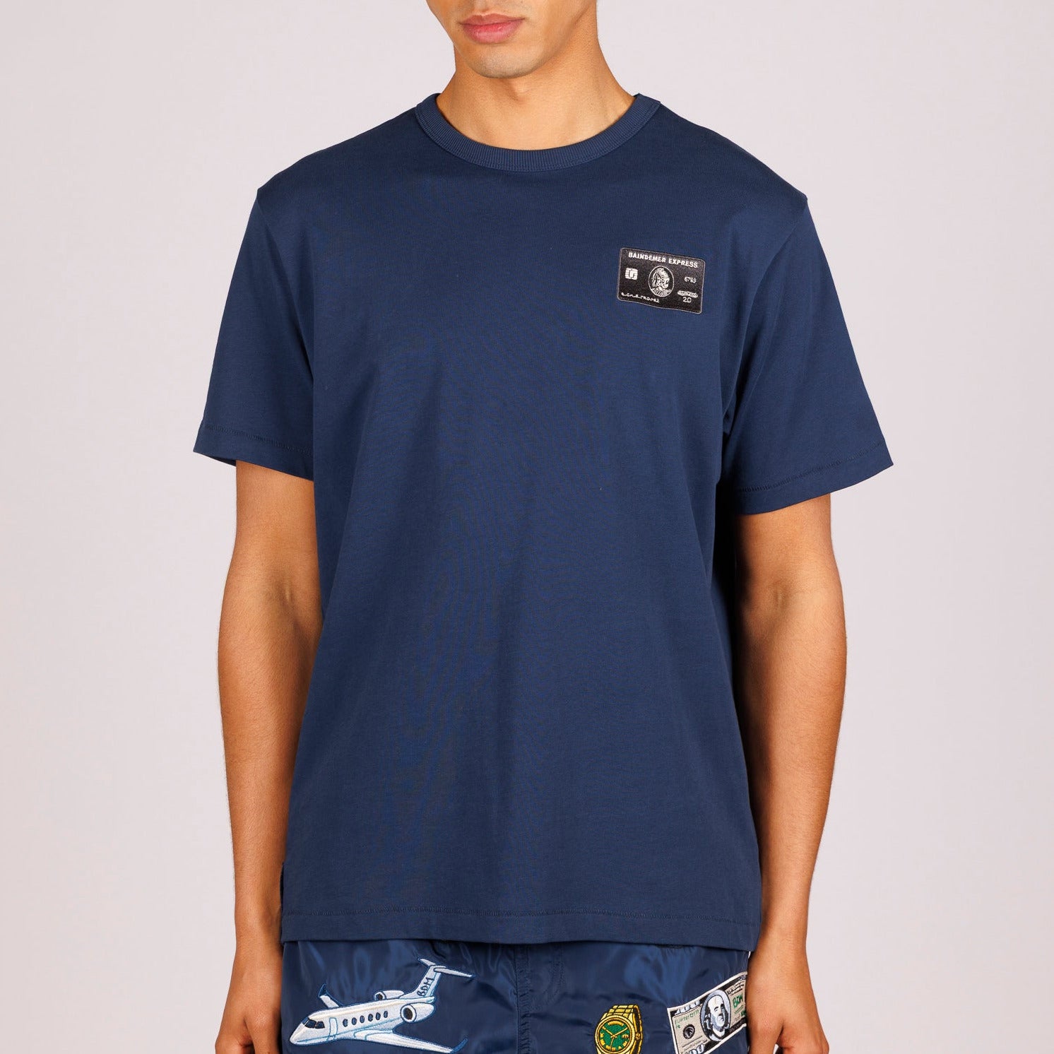 Navy blue T-shirt front view with illustrated graphic
