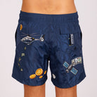 Navy blue swim shorts back view with illustrated graphic
