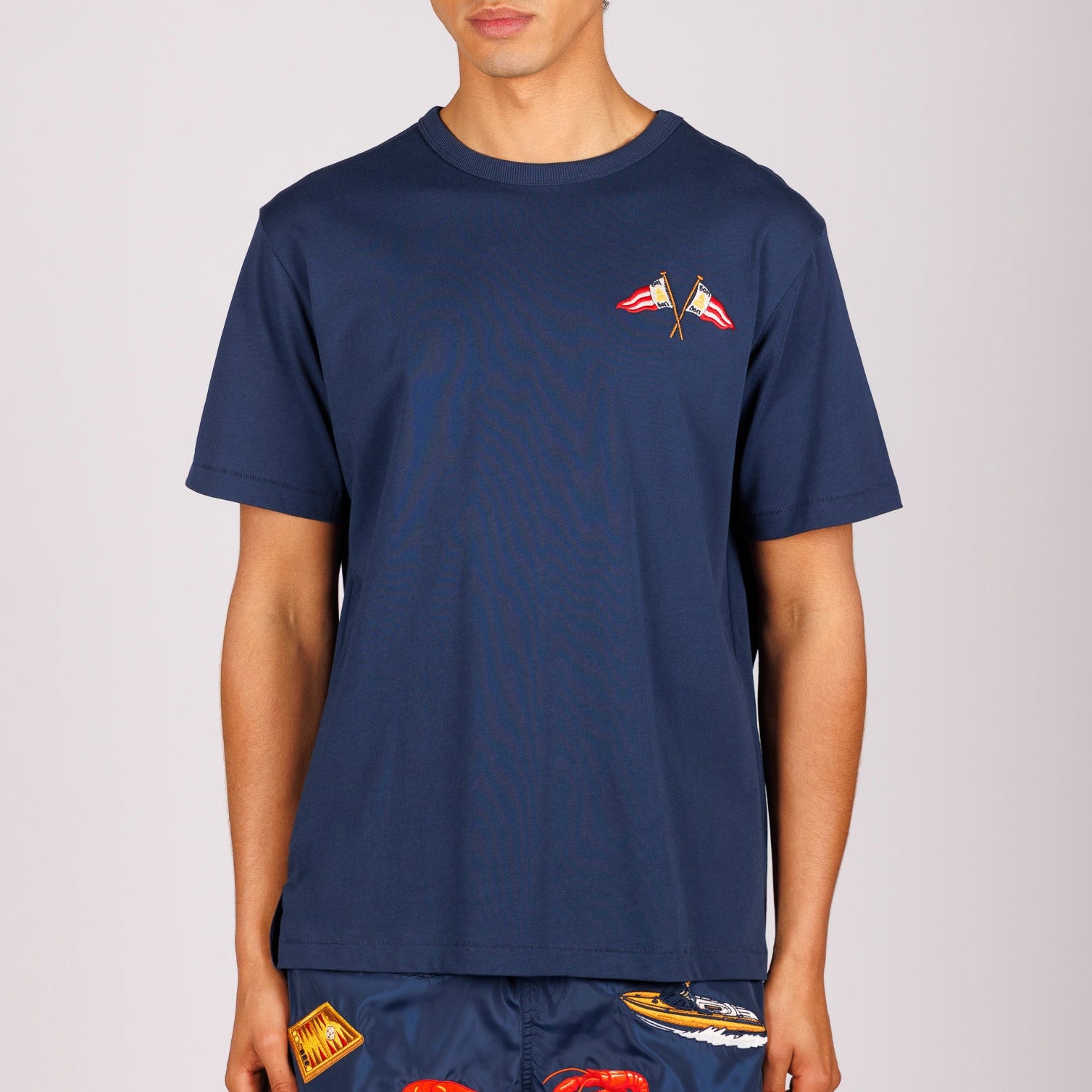 Navy blue T-shirt front view with illustrated graphic